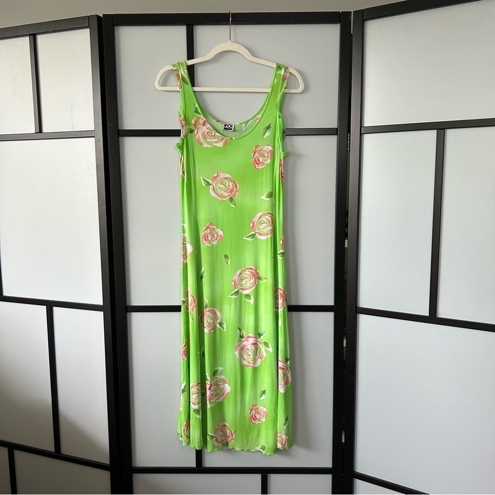 46it POI by Krizia Made In Italy Sheer Neon Green Rose Print Viscose Maxi Dress